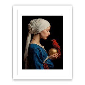 Classic woman portrait with red cardinal and gold orb canvas art for elegant room decor.