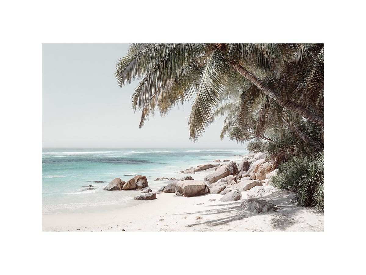 Tropical palm beach photography canvas print for serene coastal living room decor.