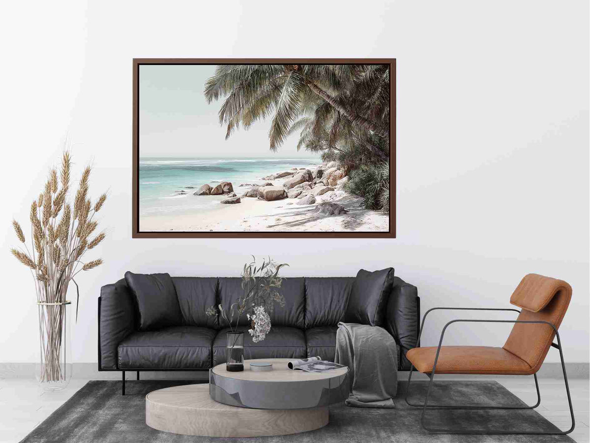 Tropical palm beach photography canvas print for serene coastal living room decor.