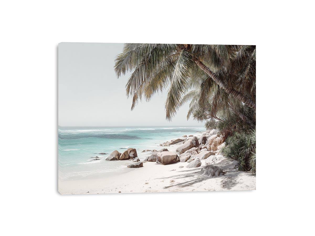 Tropical palm beach photography canvas print for serene coastal living room decor.