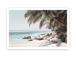 Tropical palm beach photography canvas print for serene coastal living room decor.