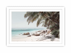 Tropical palm beach photography canvas print for serene coastal living room decor.