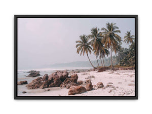 Misty palm beach photography canvas art for soft coastal bedroom decor.