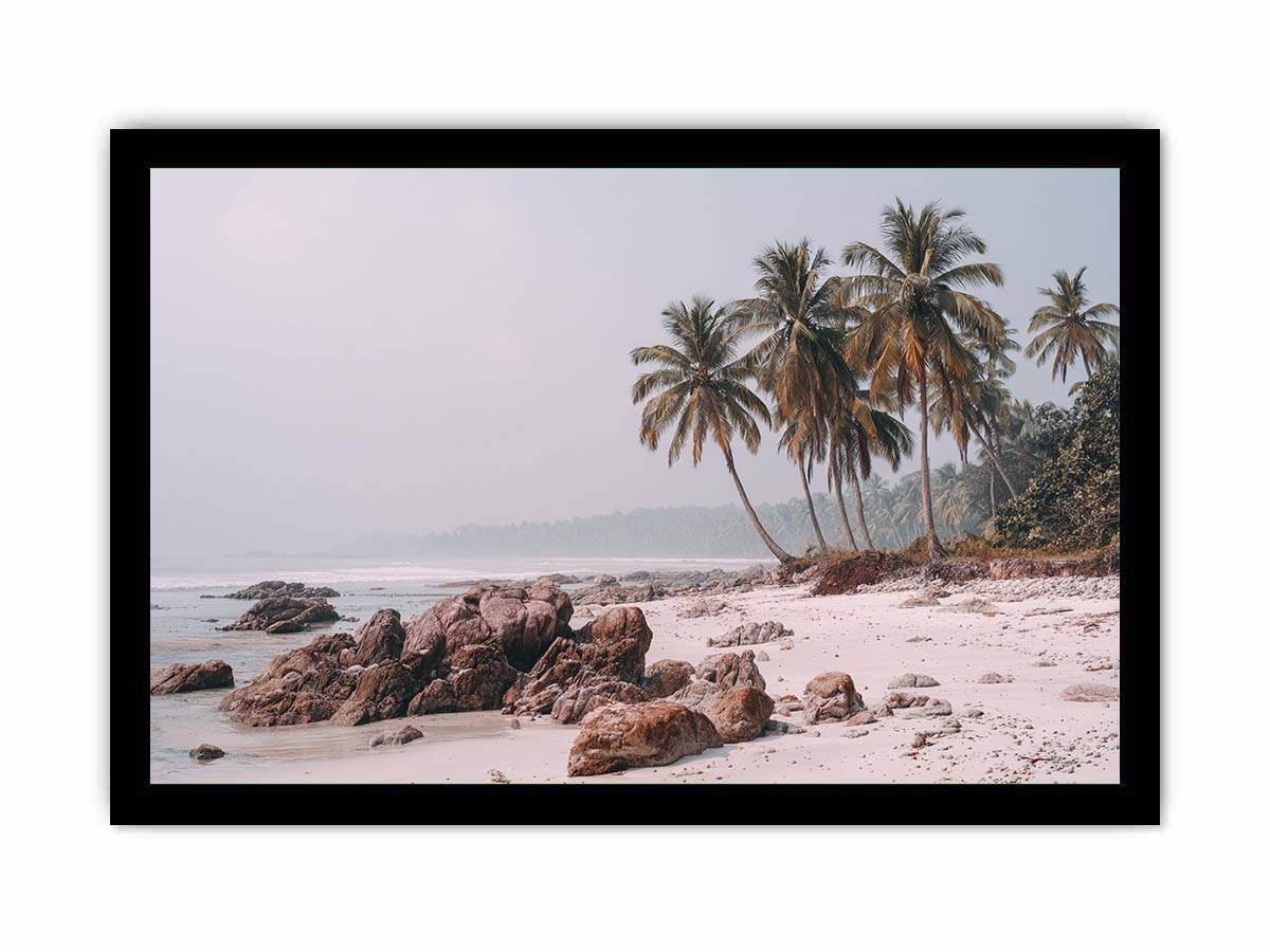 Misty palm beach photography canvas art for soft coastal bedroom decor.