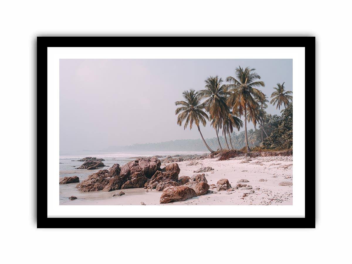 Misty palm beach photography canvas art for soft coastal bedroom decor.