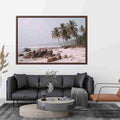 Misty palm beach photography canvas art for soft coastal bedroom decor.