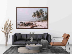Misty palm beach photography canvas art for soft coastal bedroom decor.