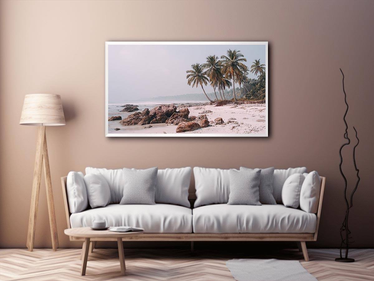 Misty palm beach photography canvas art for soft coastal bedroom decor.
