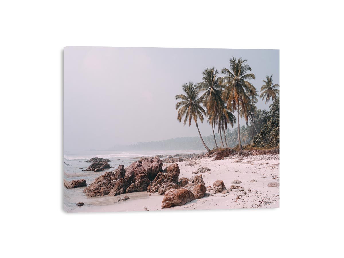 Misty palm beach photography canvas art for soft coastal bedroom decor.
