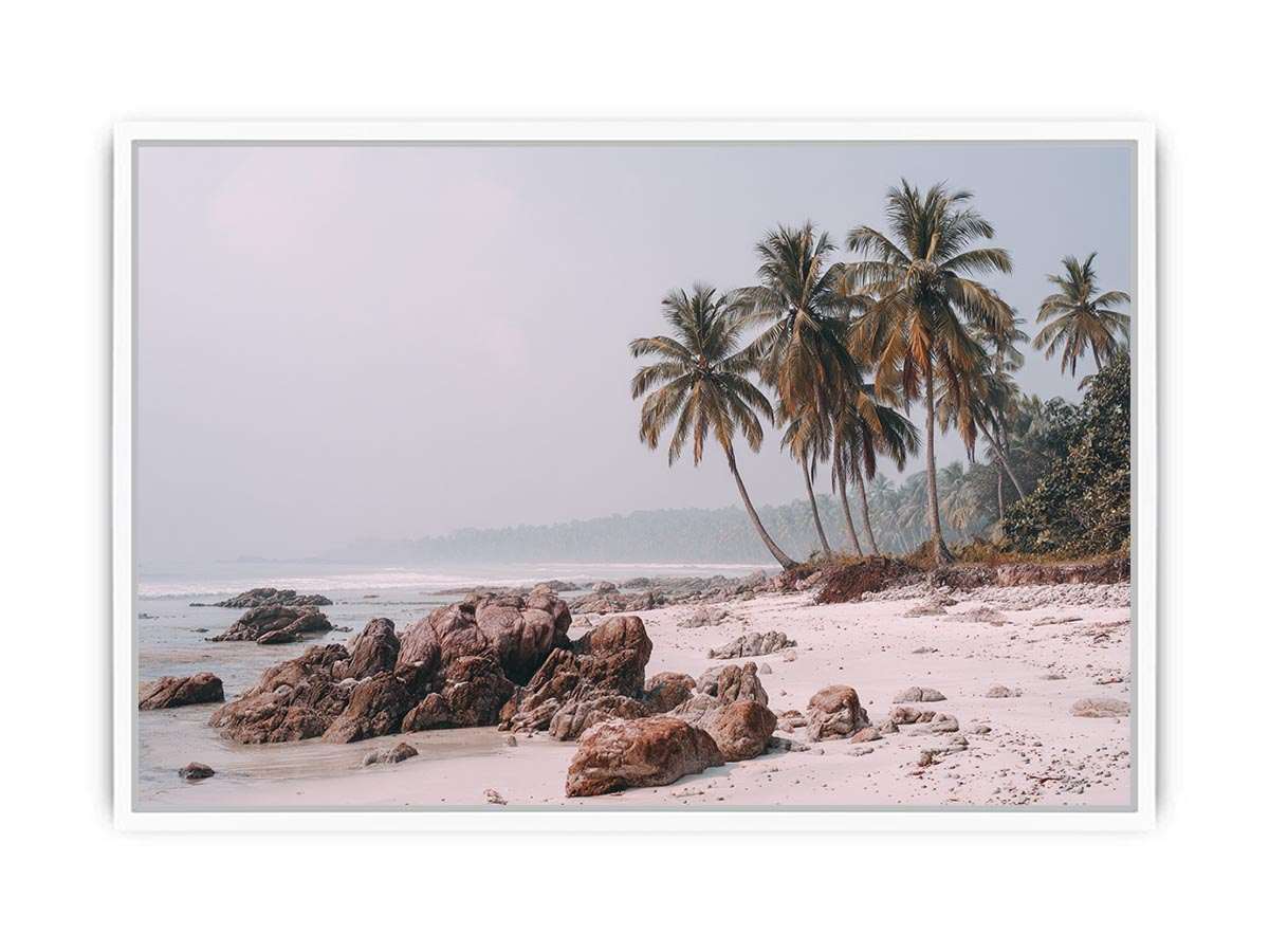 Misty palm beach photography canvas art for soft coastal bedroom decor.