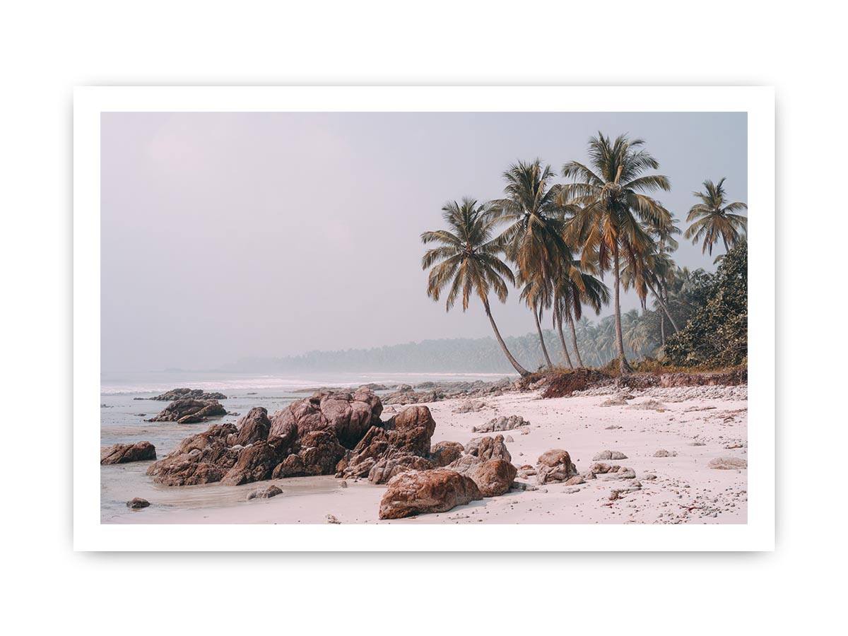 Misty palm beach photography canvas art for soft coastal bedroom decor.