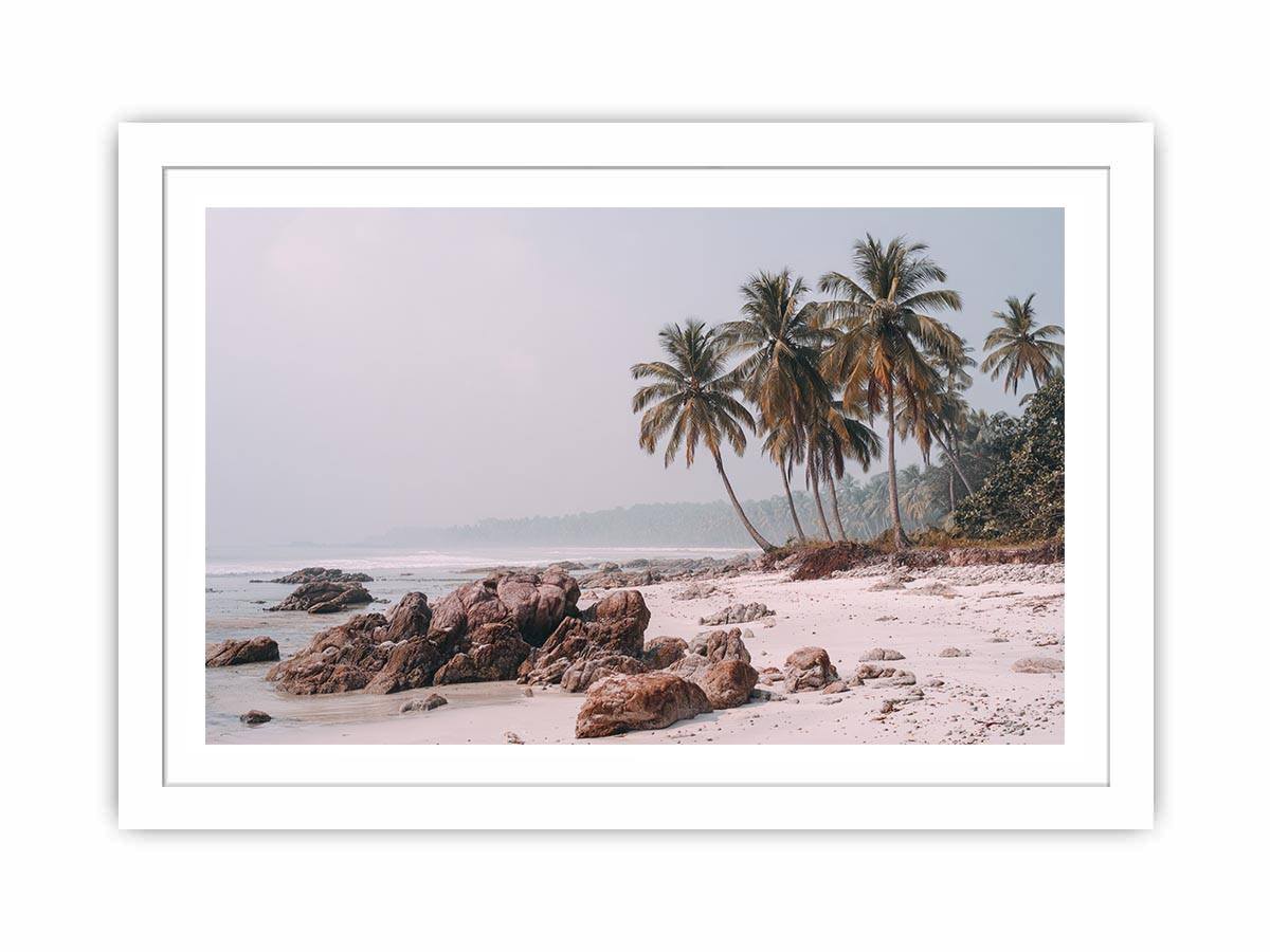 Misty palm beach photography canvas art for soft coastal bedroom decor.
