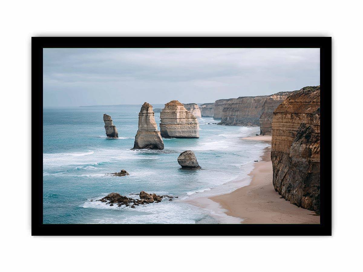 Limestone coastal cliffs and sea stacks canvas print for modern living room decor.