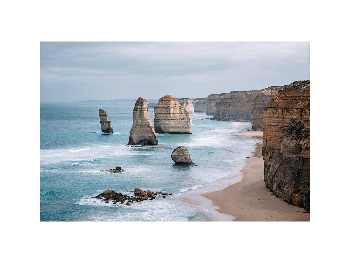 Limestone coastal cliffs and sea stacks canvas print for modern living room decor.