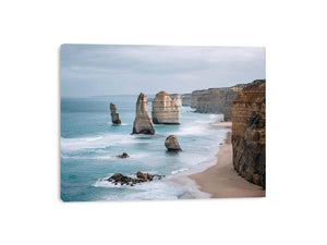 Limestone coastal cliffs and sea stacks canvas print for modern living room decor.
