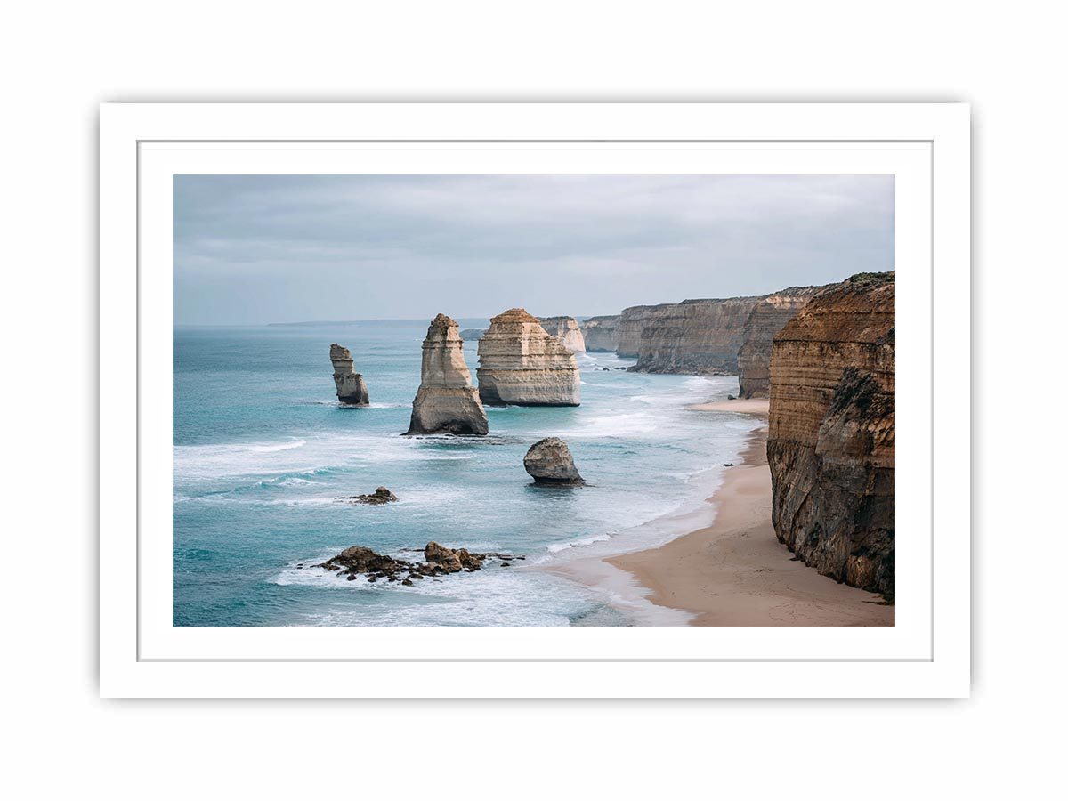 Limestone coastal cliffs and sea stacks canvas print for modern living room decor.