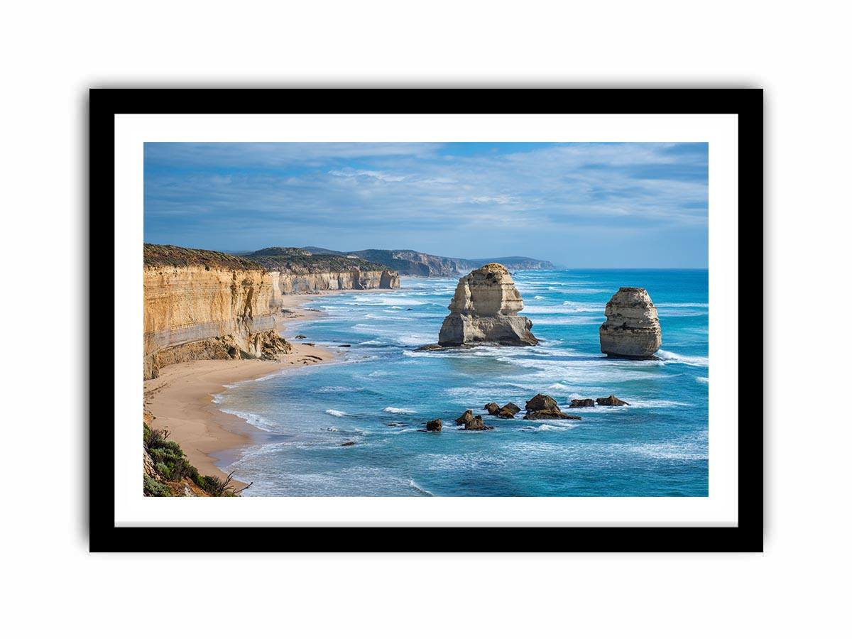 Blue ocean coast with limestone sea stacks canvas art for large living room decor.