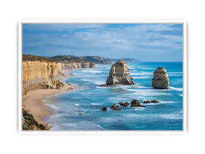Blue ocean coast with limestone sea stacks canvas art for large living room decor.