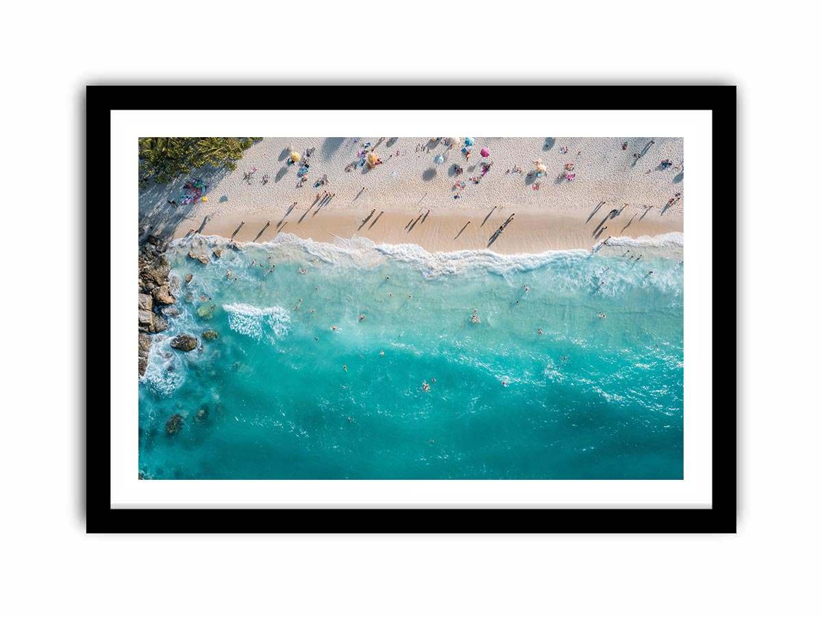 Aerial turquoise beach and wave photography canvas print for modern coastal decor.