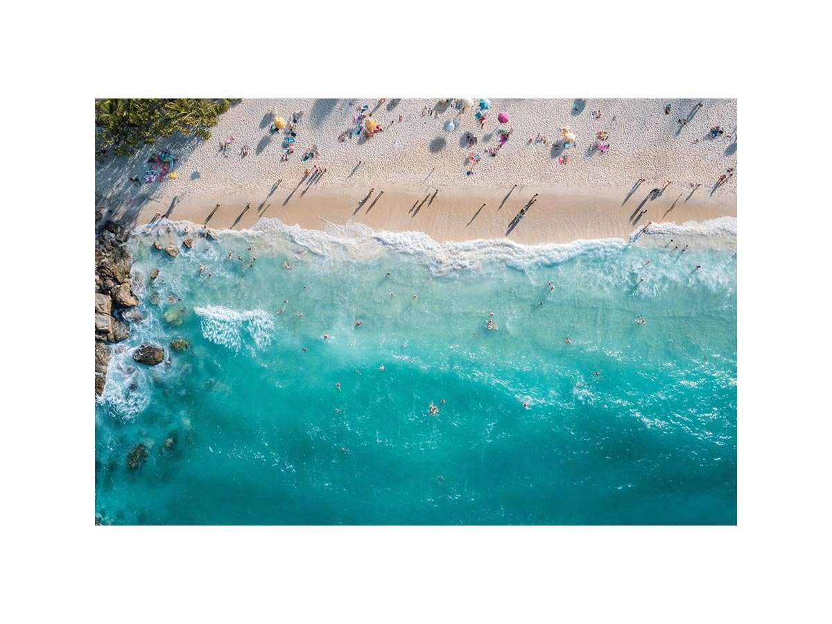 Aerial turquoise beach and wave photography canvas print for modern coastal decor.