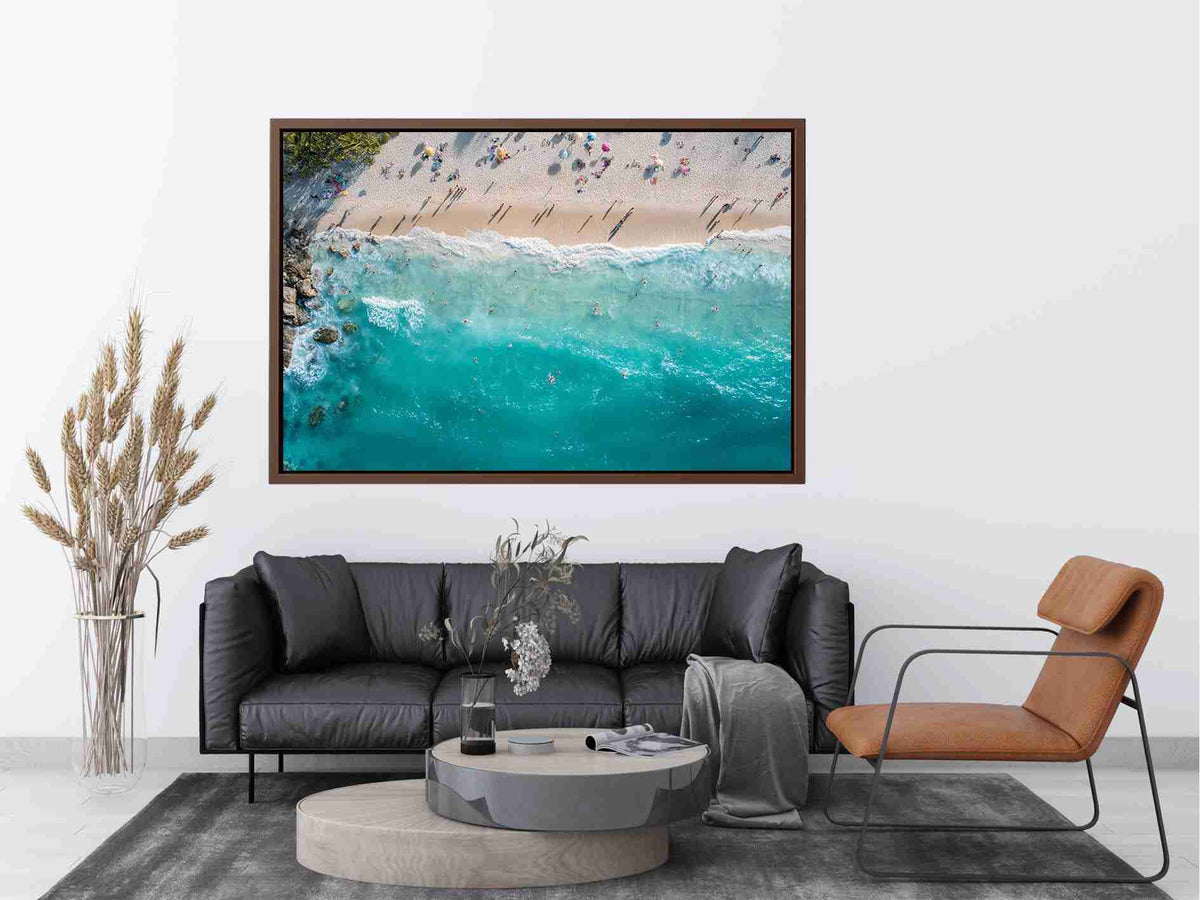 Aerial turquoise beach and wave photography canvas print for modern coastal decor.