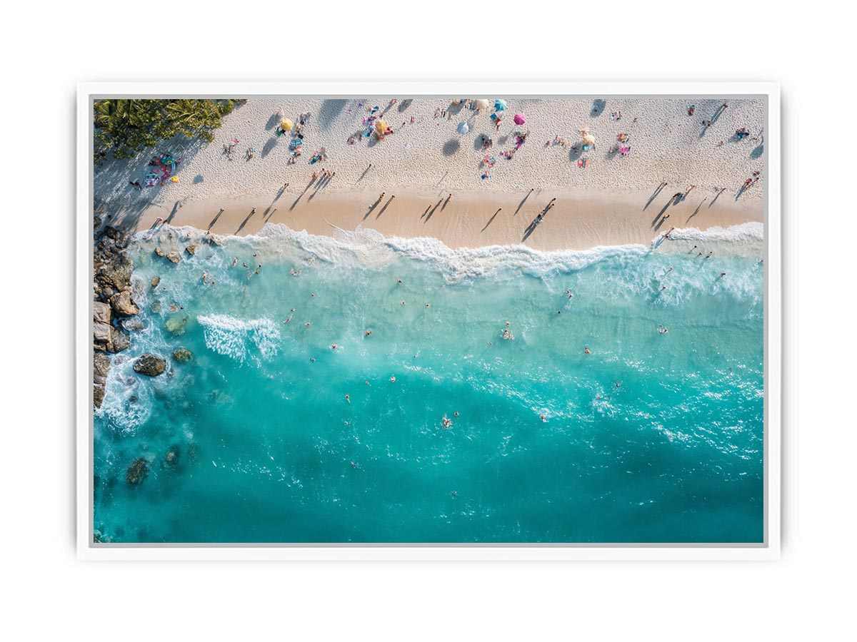 Aerial turquoise beach and wave photography canvas print for modern coastal decor.