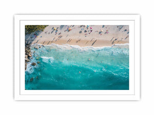 Aerial turquoise beach and wave photography canvas print for modern coastal decor.