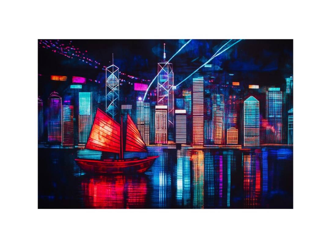 Neon city skyline sailboat canvas art for modern loft decor.