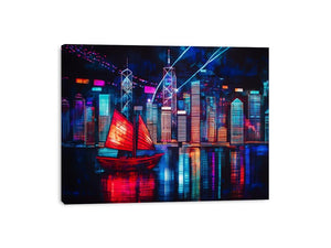 Neon city skyline sailboat canvas art for modern loft decor.