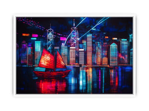 Neon city skyline sailboat canvas art for modern loft decor.