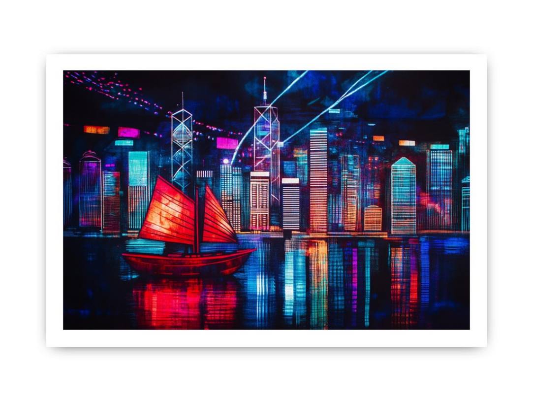 Neon city skyline sailboat canvas art for modern loft decor.