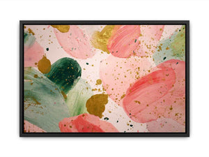 Soft pink abstract floral canvas art with gold accents for modern living room decor.