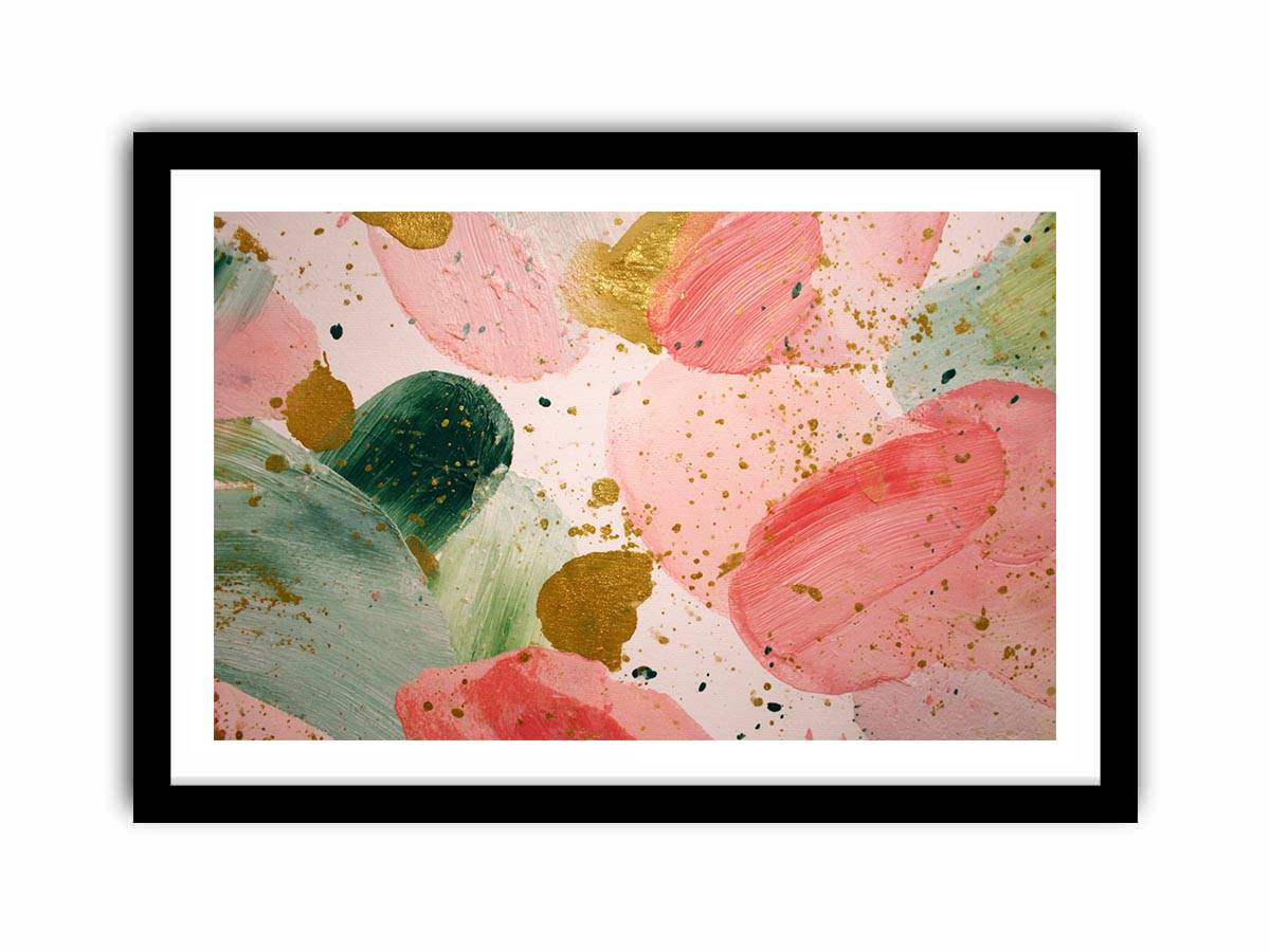 Soft pink abstract floral canvas art with gold accents for modern living room decor.