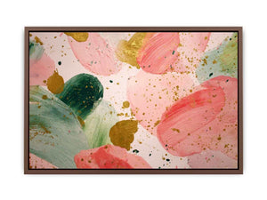 Soft pink abstract floral canvas art with gold accents for modern living room decor.