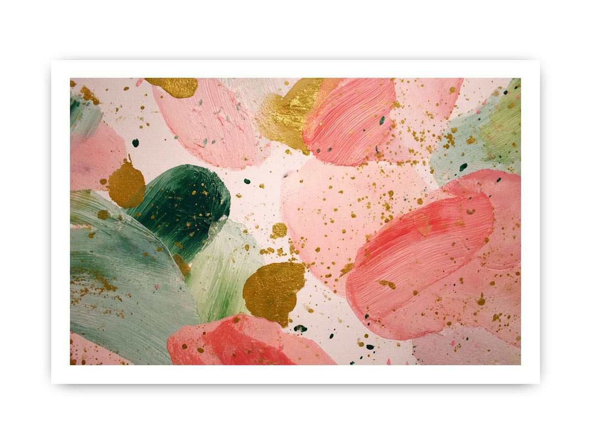 Soft pink abstract floral canvas art with gold accents for modern living room decor.