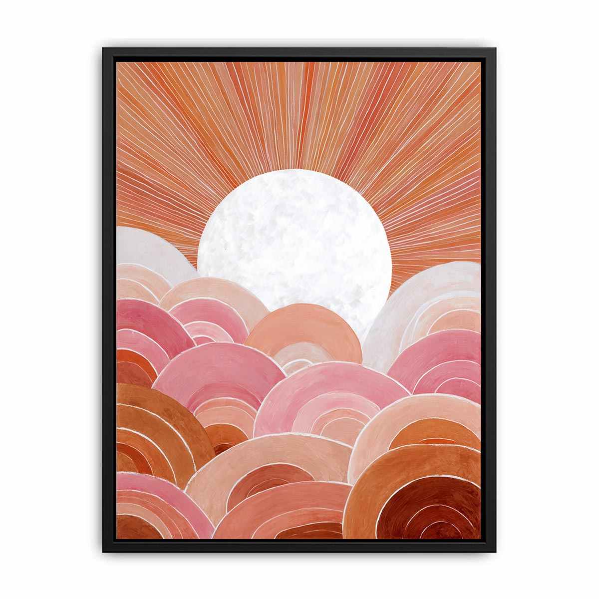 Boho sunrise canvas art with pink arches and terracotta rays for bedroom wall decor.