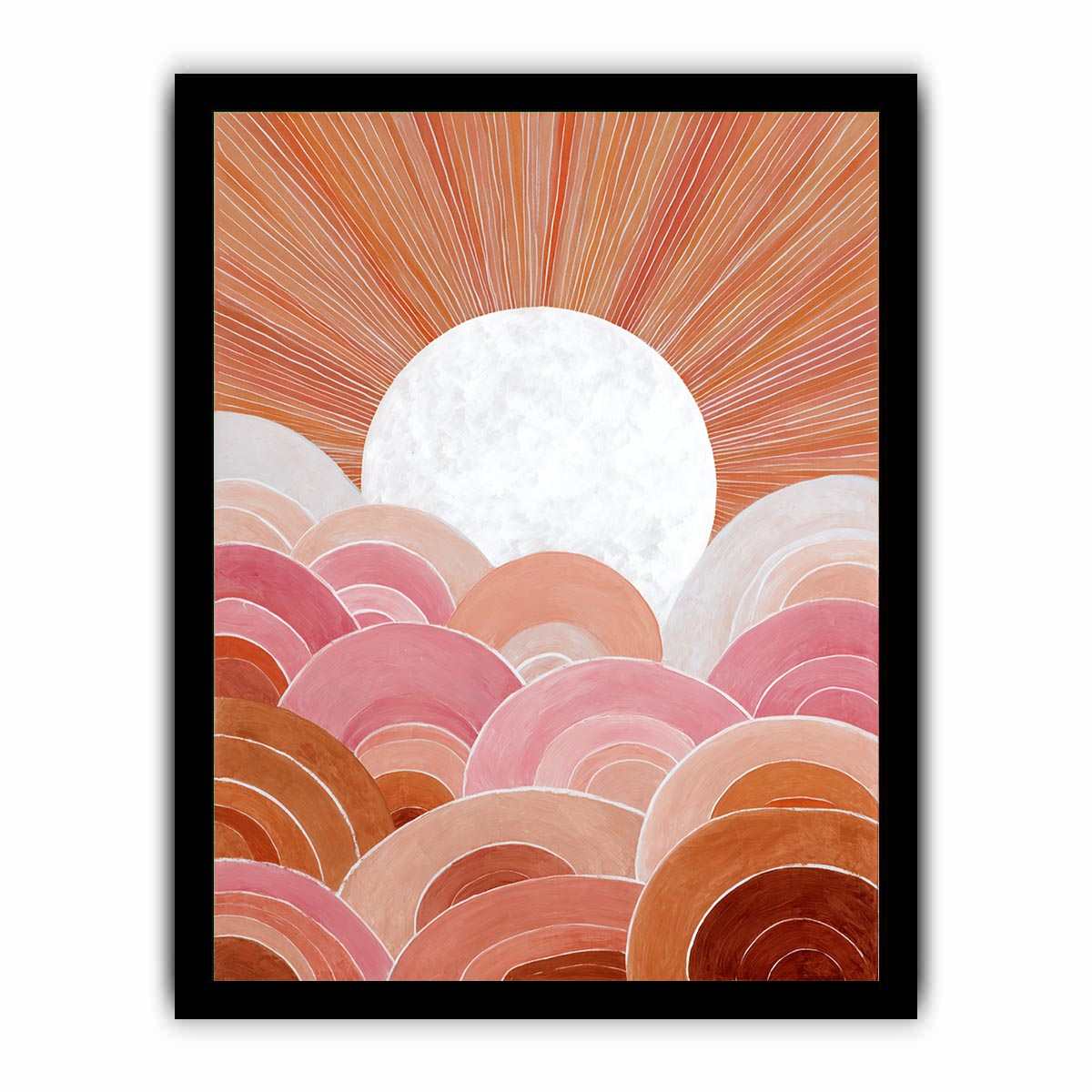 Boho sunrise canvas art with pink arches and terracotta rays for bedroom wall decor.