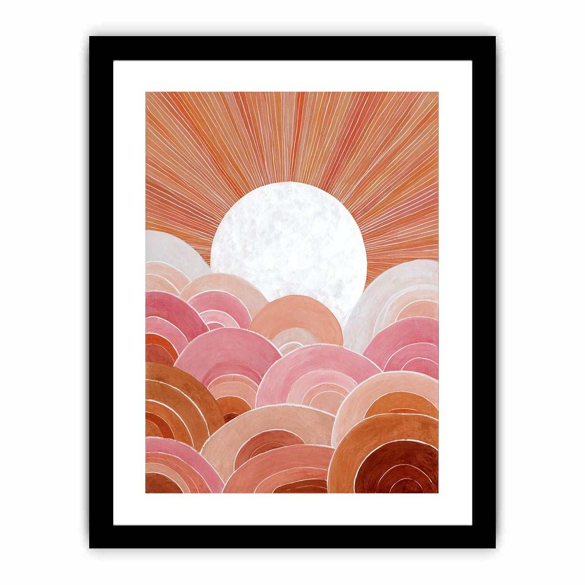 Boho sunrise canvas art with pink arches and terracotta rays for bedroom wall decor.