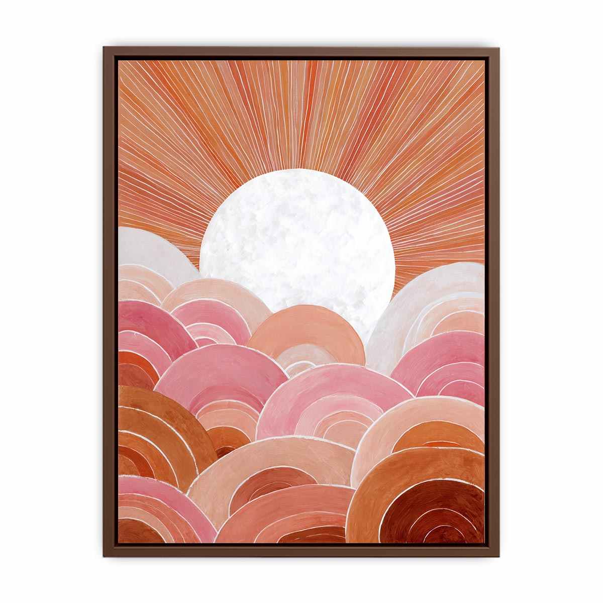 Boho sunrise canvas art with pink arches and terracotta rays for bedroom wall decor.
