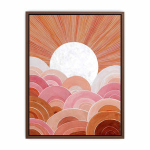 Boho sunrise canvas art with pink arches and terracotta rays for bedroom wall decor.
