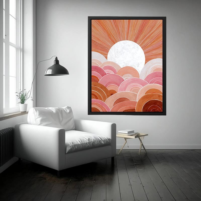 Boho sunrise canvas art with pink arches and terracotta rays for bedroom wall decor.