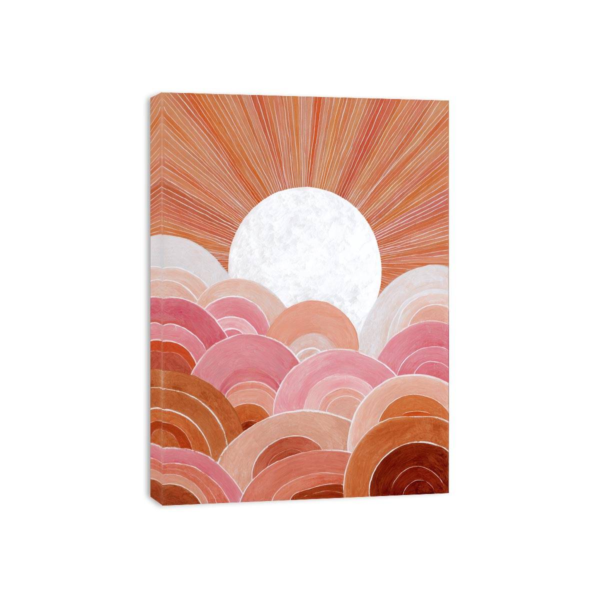 Boho sunrise canvas art with pink arches and terracotta rays for bedroom wall decor.