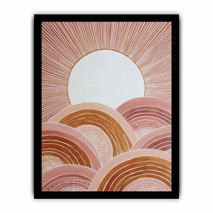 Terracotta boho sunrise canvas art with curved hills for warm modern bedroom decor.