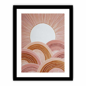 Terracotta boho sunrise canvas art with curved hills for warm modern bedroom decor.