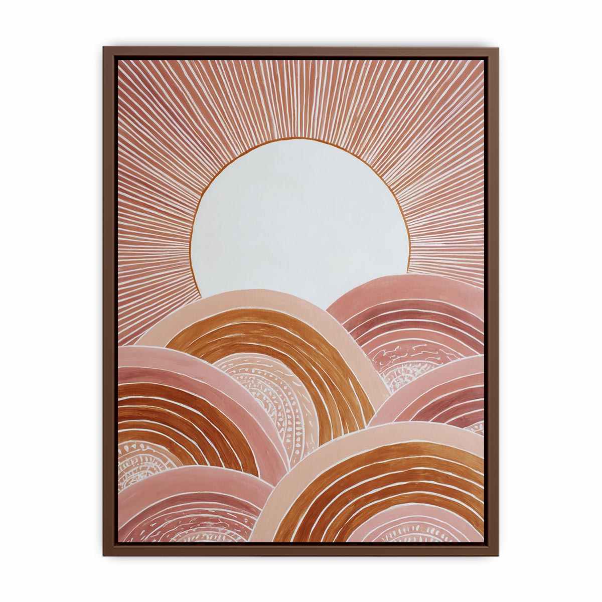 Terracotta boho sunrise canvas art with curved hills for warm modern bedroom decor.