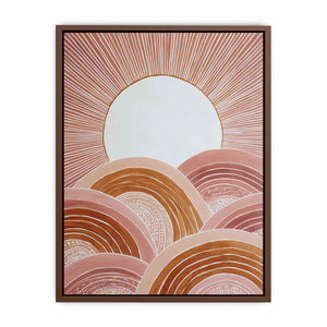 Terracotta boho sunrise canvas art with curved hills for warm modern bedroom decor.