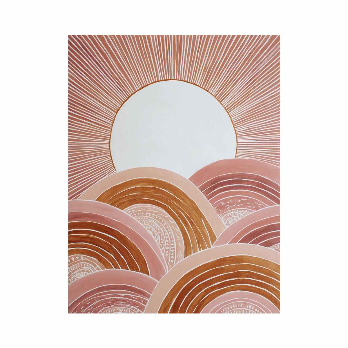 Terracotta boho sunrise canvas art with curved hills for warm modern bedroom decor.