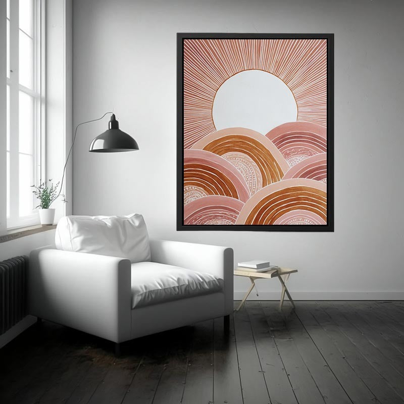 Terracotta boho sunrise canvas art with curved hills for warm modern bedroom decor.