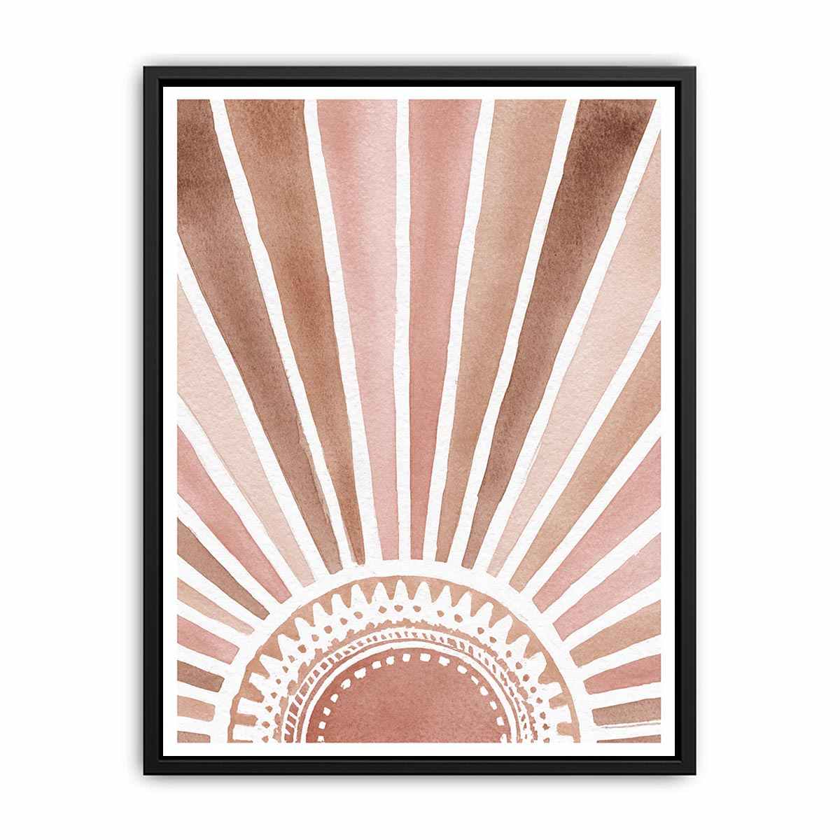 Watercolor boho sunburst canvas art in terracotta and blush for entryway decor.