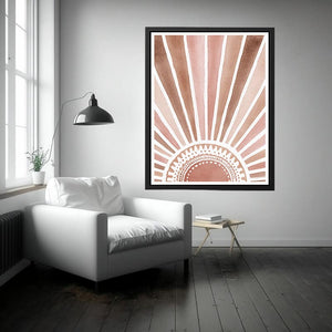 Watercolor boho sunburst canvas art in terracotta and blush for entryway decor.